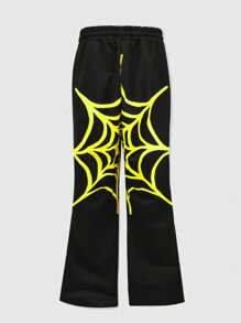 ROMWE MEN Street Life Pantalones de chándal casuales con cintura con cordón y estampado de araña con volantes para hombre, Halloween - Negro - Ver 2