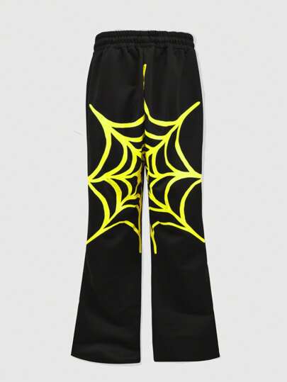 Street Life Pantalon de survêtement casual à taille à cordon de serrage et imprimé araignée en forme d'évasé par couches pour homme