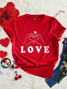 SHEIN Essnce Lässiges rotes, weites Damen T-Shirt mit Rundhalsausschnitt und Kurzarm, mit Herz-Muster-Muster, Partnerlook für den Valentinstag - Rot - Übersicht 2