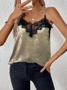 SHEIN PETITE 女款蕾絲拼接極簡主義細肩帶背心，休閒日常穿著，適合嬌小女性 - 金色 - 查看 1