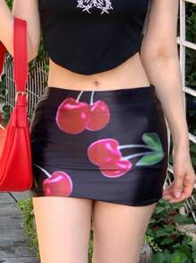 DAZY تنورة قصيرة مطبوعة بالكرز للنساء، باللون الأسود، مناسبة لجميع المواسم، تنورة قلم رصاص للخريف، تنورة ذات خصر منخفض