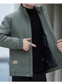 Manfinity Sport Corelite Men's Solid Color Zipper Front Stand Collar Long Sleeve Sports Jacket - Army Green - View 1