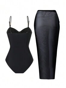 Swim Chiccia Beach Outfits For Woman: Black Metal Decor Sexy Hollow Camisole One Piece Swimsuit + Black Sheer High Slit Skirt For Summer Beach Vacation - Black - View 6