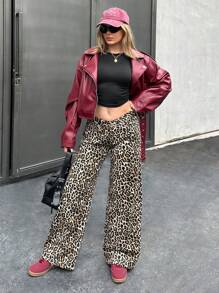 EURMUSE LEOPARD WIDE LEG LOW WAIST JEANS - Multicolor - View 4