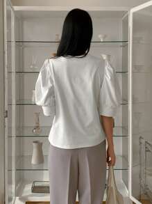 DAZY Spring/Summer New Bow Knot Printed Puff Sleeve Women T-Shirt, Stylish Cute Tops