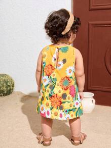 Baby Girl Mommy And Me Matching Outfits (2 Pieces Are Sold Separately)Yellow Summer Cute Floral Print Vacation Dress,For Spring/Summer
