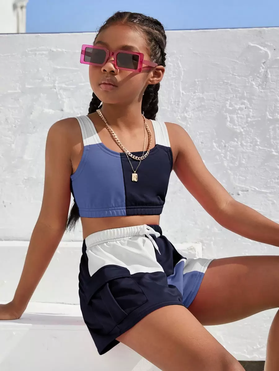 2pcs/Set Tween Girl Colorblock Simple Top And Shorts Set - Multicolor - View 1