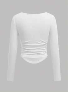 Girlism Teen Girl Plain Scoop Neck Cinched Waist Fitted T-Shirt, Casual T-Shirt, Back To School T-Shirt