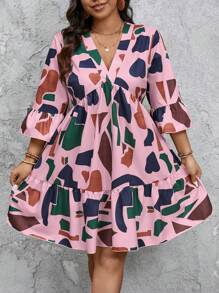 SHEIN Frenchy Plus Size Women Geometric Print V-Neck Ruffle Sleeve Loose Smock Dress
