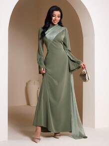 Veilorie Women Elegant Flowy Flared Sleeve Arabic Style Long Dress Modest
