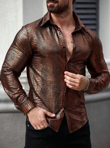Manfinity Roghcode Men's Front Button Long Sleeve Shirt Collar Minimalist Casual Top, For Daily Wear - Bronze - View 4