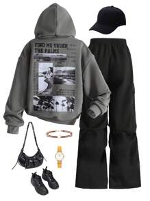 2 piezas Conjunto informal para niña preadolescente con sudadera con capucha oversize con estampado de letra de paisaje y pantalones cargo con acento de lazo. Ropa adecuada para otoño/invierno, estilo deportivo y urbano