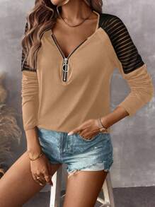 SHEIN LUNE Camiseta de punto casual con mangas raglán, cuello en V, cierre de cremallera expuesta y diseño de patchwork para mujer en otoño