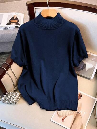 SHEIN LUNE Plus Size Solid Color Slim Fit Knit Short Sleeve Sweater