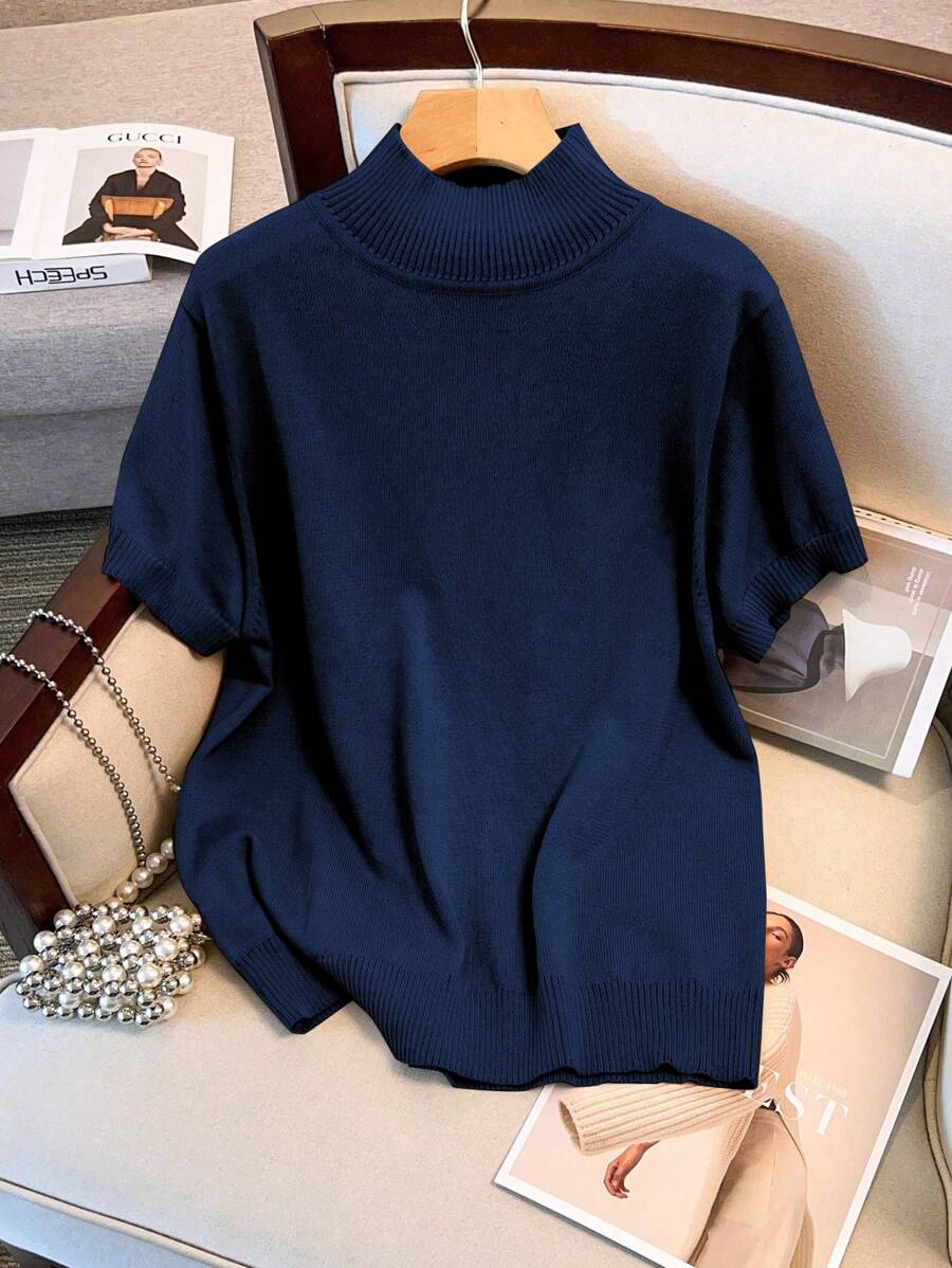 SHEIN LUNE 大码纯色修身针织短袖毛衣 - 寶藍色 - 查看 1
