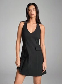 SHEIN EZwear Women's Summer Solid Color Short Simple And Elegant Halter Mini Dress - Black - View 3