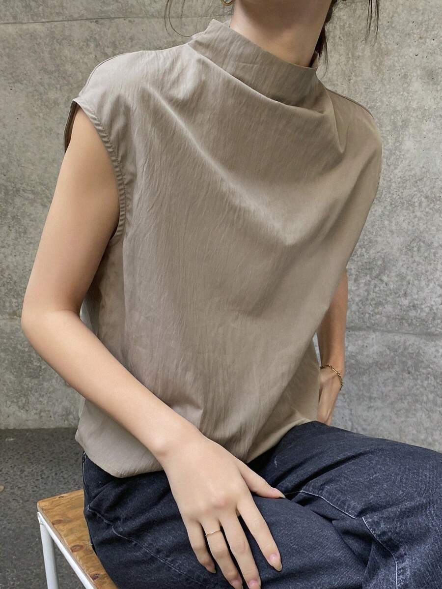 FRIFUL Women's Solid Color Stand Collar Loose Blouse, Casual Daily Wear Turtleneck Women