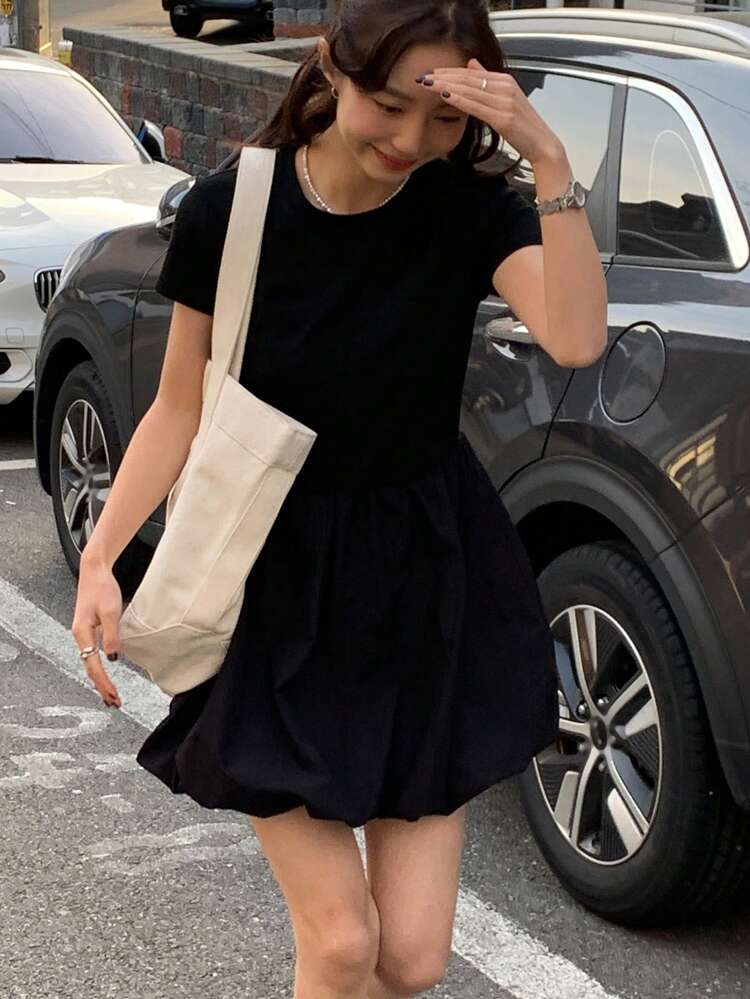 Women Solid Color Round Neck Short Sleeve Simple Casual Short Dress Summer Sundress