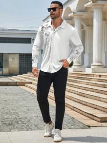 Manfinity Homme Plus Size Men Floral Print Long Sleeve Single Breasted Casual Shirt - White - View 4