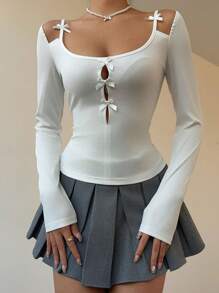 Aloruh Romantic Date Lace Patchwork Bow Decor Long Sleeve White Women T-Shirt - White - View 5