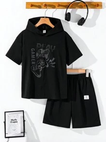 SHEIN 2pcs/Set Tween Boy Casual Loose Gaming Graphic Glow In The Dark Short Sleeve Tee And Shorts Set, Suitable For Commuting, School, Casual, Sports, Spring/Summer - Black - View 2