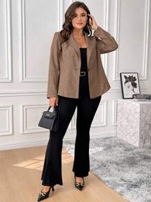 SHEIN Essnce 女士加大码纹理棕色西装外套：秋冬时尚前开式办公室外套，适合身材曲线 - 棕色 - 查看 5