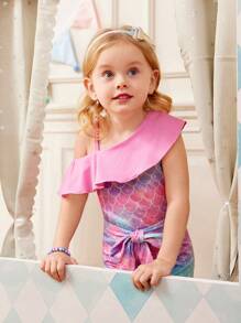 SHEIN Young Girls, Elegant & Playful Mermaid Design Asymmetrical Neck Jumpsuit, Soft & Comfortable Knit Fabric, Suitable For Outing, Vacation, Beach, Party, Stage, Daily Wear Spring/Summer