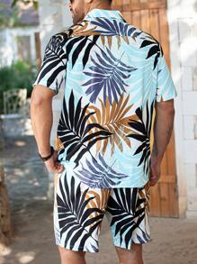 ResortEase 2pcs/Set Men's Minimalist Front Button Plant Print Short Sleeve Shirt & Shorts