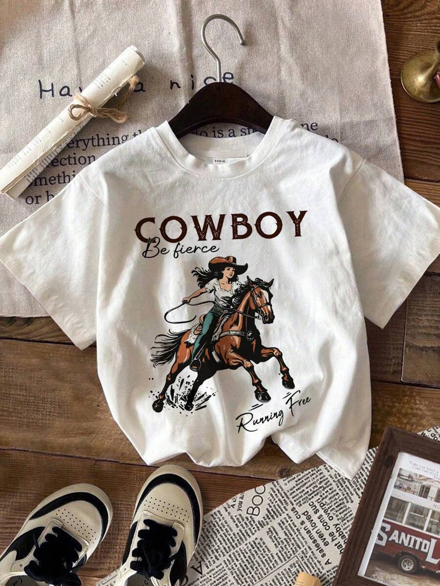 SHEIN Leap Crew Casual Vintage Nomadic Style Cowboy, Tween Girl Minimalist Short Sleeve Round Neck T-Shirt, Suitable For Summer - White - View 1