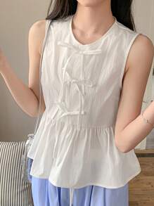 DAZY Blusa de mujer con cuello redondo, lazo y sin mangas, top de muñeca para salir