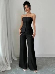 Selianne 女士纯色单排扣吊带背心和直筒裤套装，优雅 - 黑色 - 查看 5