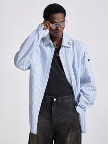 NEON BLANC 男士街头时尚编织竖条纹长袖衬衫 - 藍色 - 查看 1