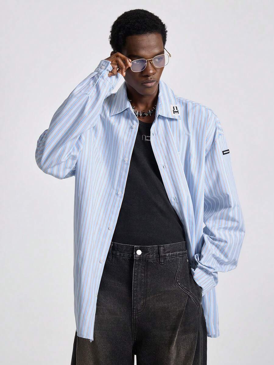 NEON BLANC 男士街头时尚编织竖条纹长袖衬衫 - 藍色 - 查看 1