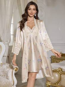 LuxeNights Set de 2 piezas de camisón de seda sintética con estampado floral y encaje, y bata con cinturón, ropa de otoño e invierno - Albaricoque - Ver 5