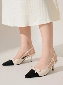 CUCCOO CHICEST Pointed Toe Kitten Heel Elegant Commuter Bow Accent Bicolor Women's High Heel Pumps, Casual Chic Outfit, Spring - Apricot - View 5