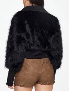 ROMWE Grunge Punk Spring Luxury  Women Short Faux Fur Splicing PU Black Leather Jacket, Slim Fit - Black - View 5