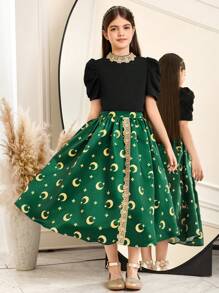 SHEIN Tween Girl Elegant Golden Thread Lace Collar Gigot Sleeve Fitted Top And Dark Green Flared Maxi Skirt Set With Star & Moon Print - Black - View 4