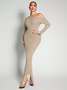 Zolique Vestido elegante de unicolor con hombros descubiertos, manga larga y ajustado para mujer - Albaricoque - Ver 1