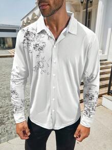 Manfinity Homme Plus Size Men Floral Print Long Sleeve Single Breasted Casual Shirt - White - View 3