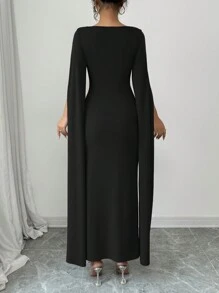 Rafferiza Vestido de cóctel ajustado de manga larga y sexy de color rojo, para invierno - Negro - Ver 2