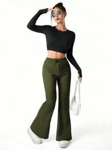 SHEIN Explorewe 少女纯色休闲运动喇叭裤 - 軍綠色 - 查看 8