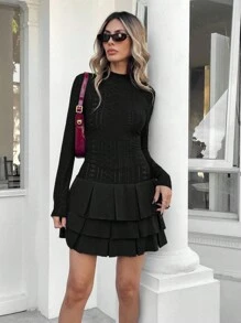 SHEIN Essnce Women's Solid Color Round Neck Long Sleeve Simple Casual Mini Dress