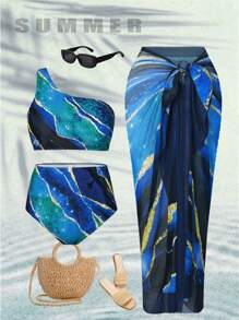 Swim Oasis Summer Beach 3pcs/Set Plus Size Marble Printed Bikini Set Carnival - Multicolor - View 1