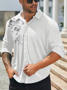Manfinity Homme Plus Size Men Floral Print Long Sleeve Single Breasted Casual Shirt - White - View 1