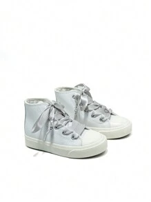 1 双银色丝绸鞋带，时尚休闲百搭软底运动鞋，适合男女童，开学季，春夏季 - 銀色 - 查看 3