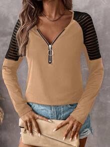SHEIN LUNE Camiseta de punto casual con mangas raglán, cuello en V, cierre de cremallera expuesta y diseño de patchwork para mujer en otoño