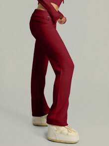 MUSERA Folded Waist Buckle Fit Flare Trousers Y2k Spring Casual Cute 90's Sun - Burgundy - View 3