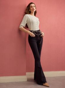 MOTF PREMIUM POINTELLE KNIT ROUND NECK KNIT TOP KNIT PULLOVER FALL WINTER - Beige - View 4
