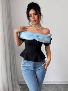 Elenzga 纹理材质混合欧根纱露肩蝴蝶结优雅女式衬衫 - 黑色 - 查看 5