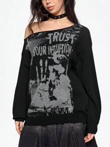 ROMWE Grunge Punk 复古音乐节派对骷髅扎染印花女士宽肩毛衣 - 黑色 - 查看 4